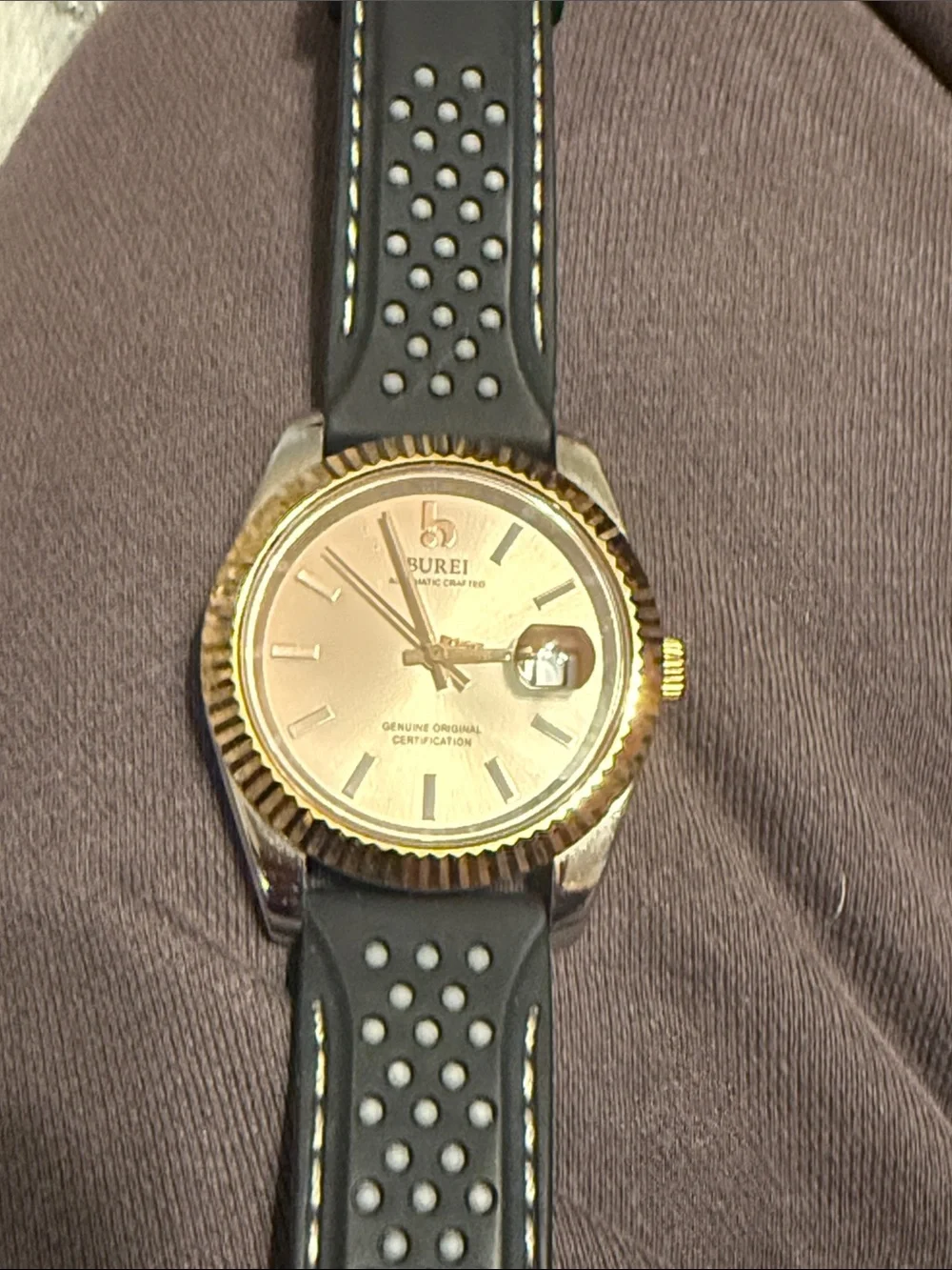 BUREI Men’s Gold Dial Watch with Black Perforated Strap